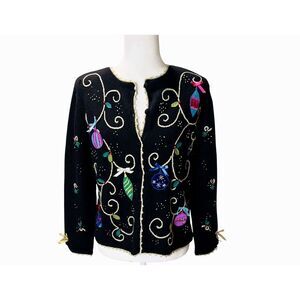 Christmas Sweater Size P/S Designer Studios Joy Bows Gold‎ Crochet Edge Buttons